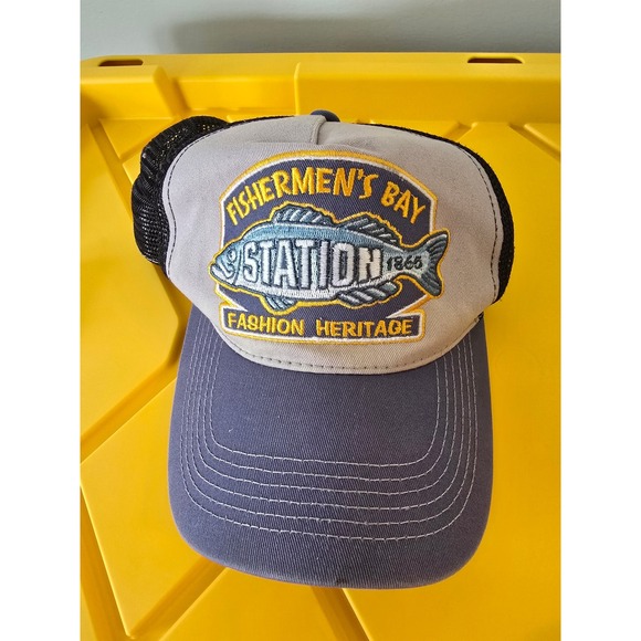 Other - Fishermens Bay Station Fish Embroidered Trucker Hat Mens Blue Mesh Cap